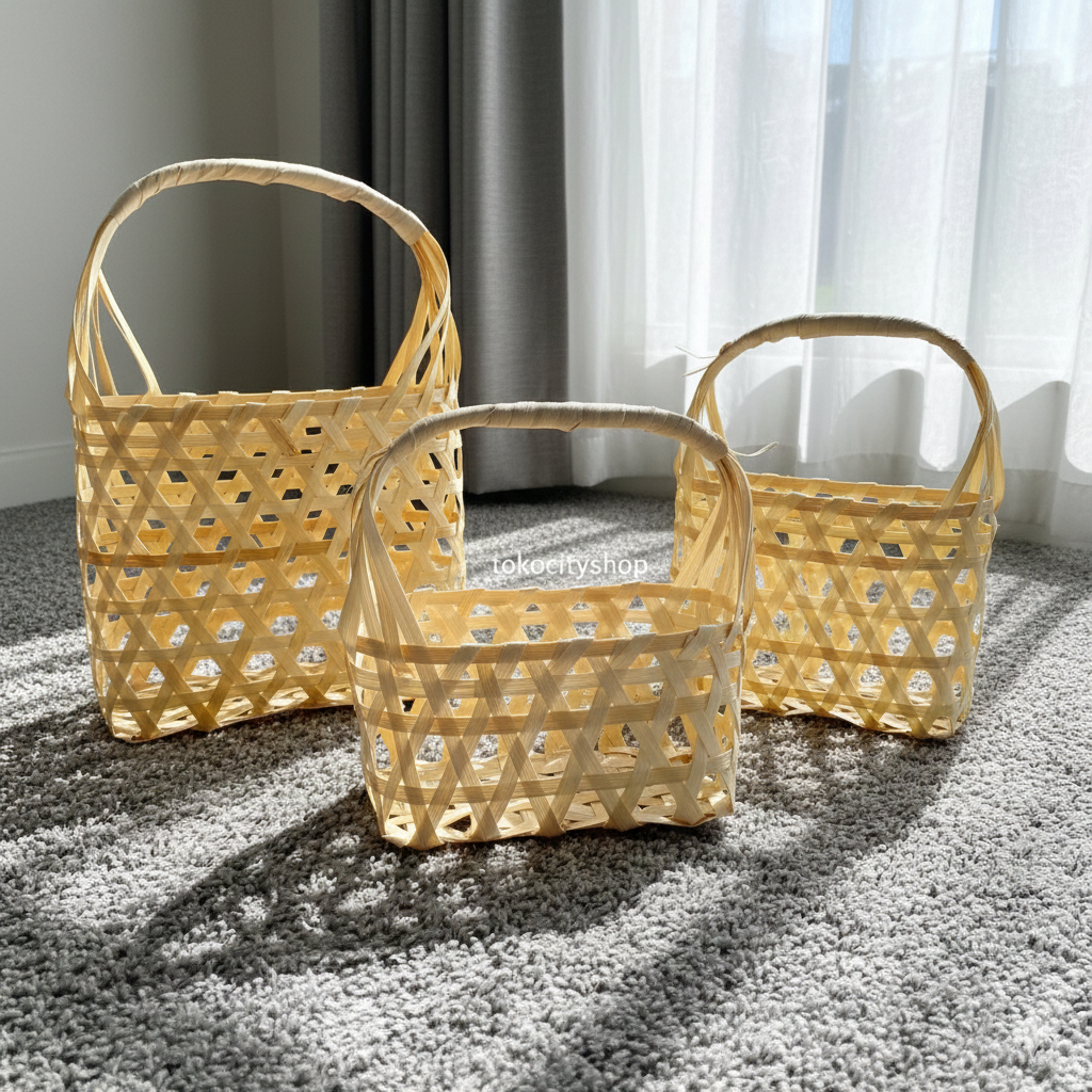 Keranjang Belanja Bambu - Tas Anyaman Rotan Handle Kayu - Wadah Hampers Parcel