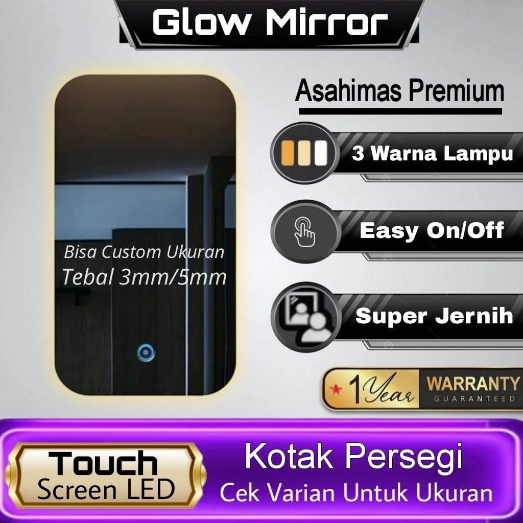 Cermin Dinding Wastafel Kamar Mandi Aesthetic Cermin Kotak Touch Screen LED