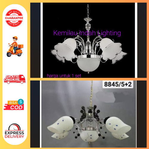 SL7209/8845-5 PUTIH LAMPU GANTUNG KLASIK TERAS FITTING E27 RUANG TAMU MEJA MAKAN BODY SILVER PENDANT