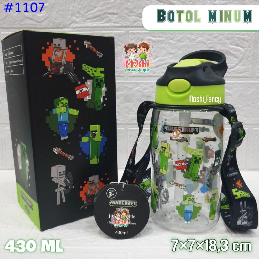 Botol Minum 430 ml dan Tali Panjang motif Minecraft / Tempat Minum Motif Minecraft / Botol Minum Tal