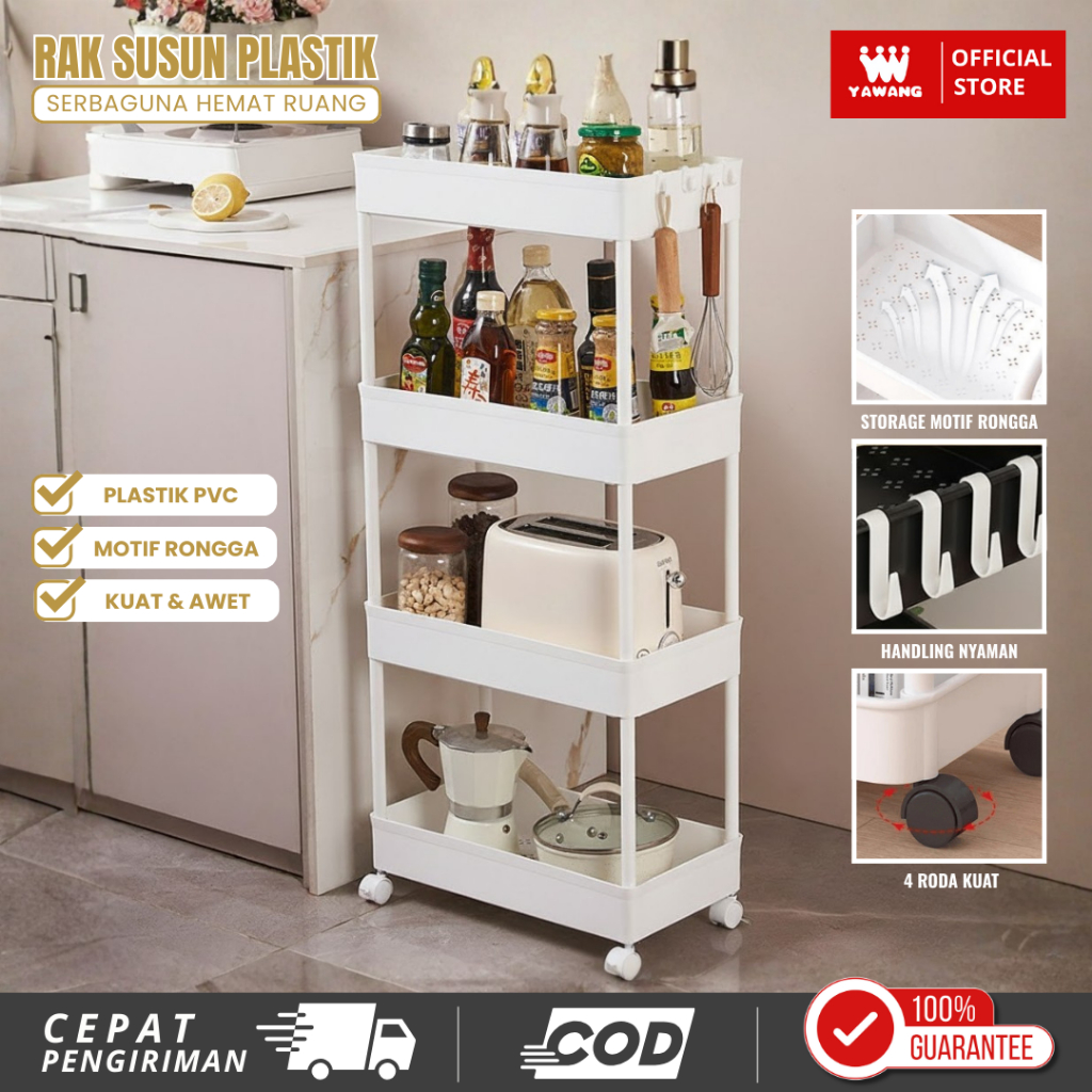 YAWANG Indonesia Rak Kamar Mandi Bahan Plastik 4 Susun Portable Rak Dapur Square Serbaguna Rak Penyi