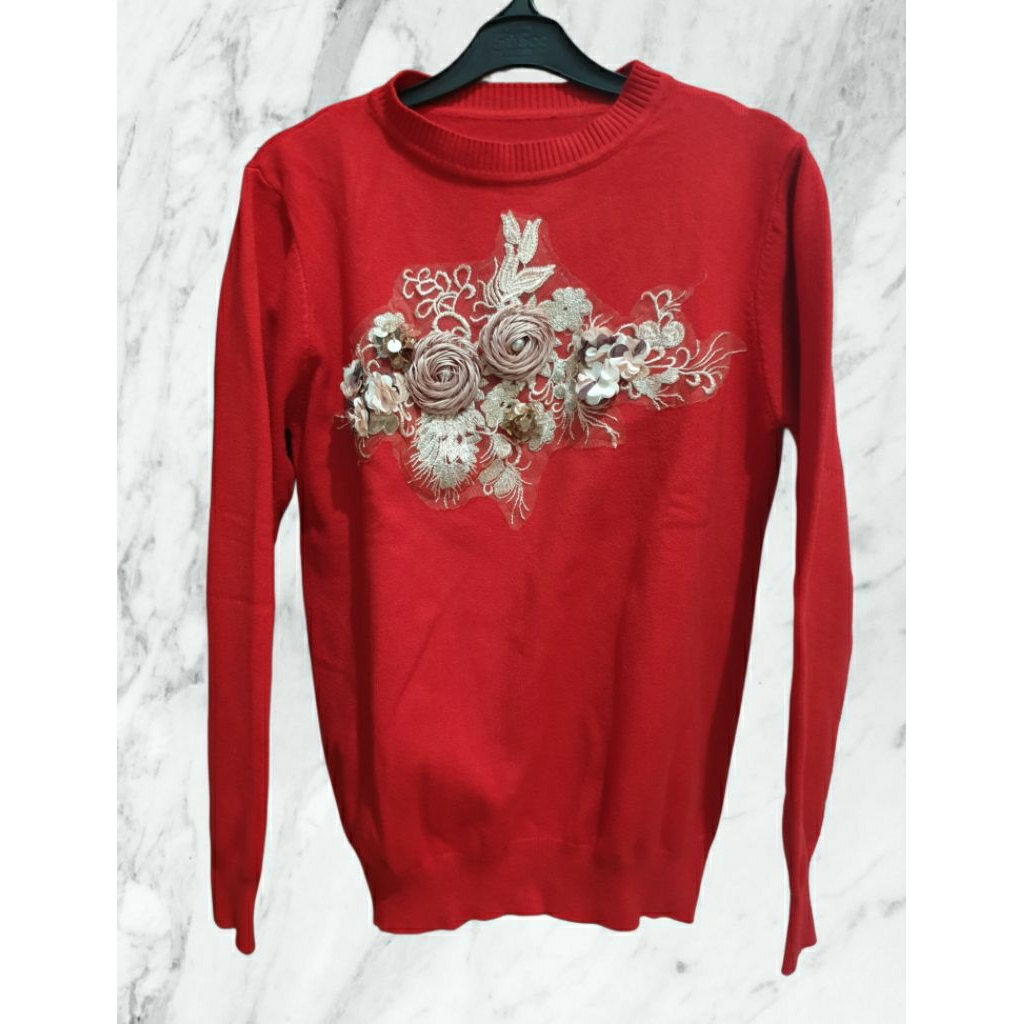 Sweater Rajut Wanita Lengan Panjang Aplikasi Bunga 3D Korea Style