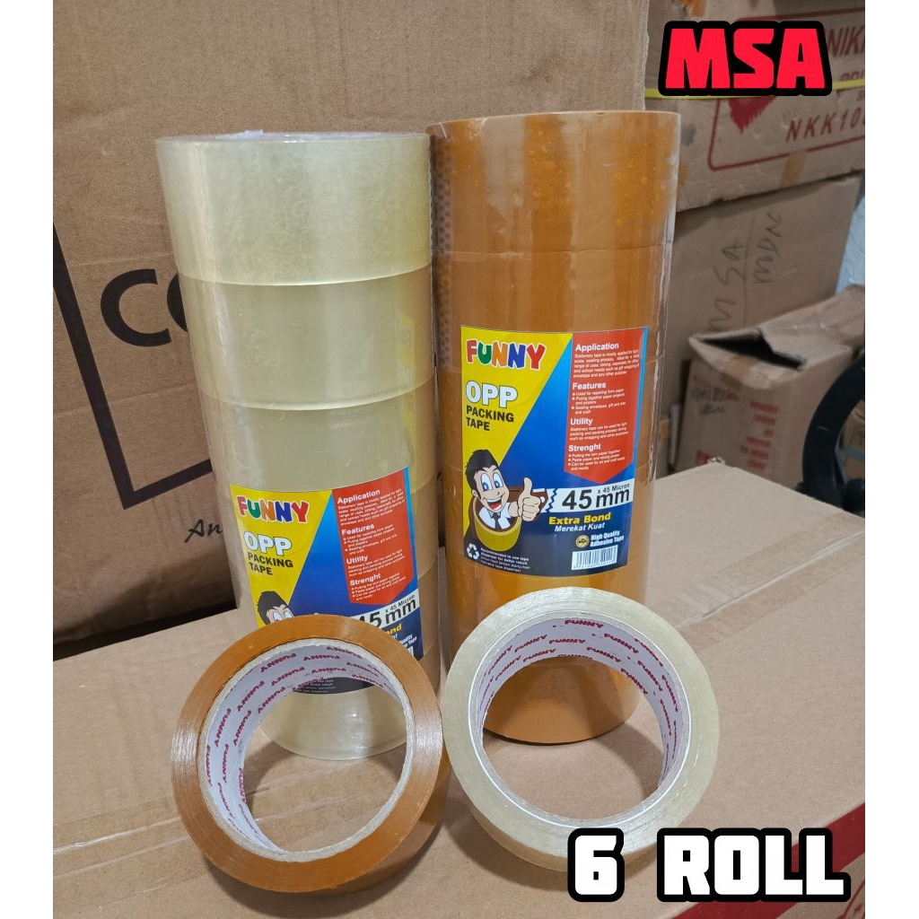 6Roll lakban bening dan coklat funny tape tebal 2 inci /opp bening dan coklat 2inci