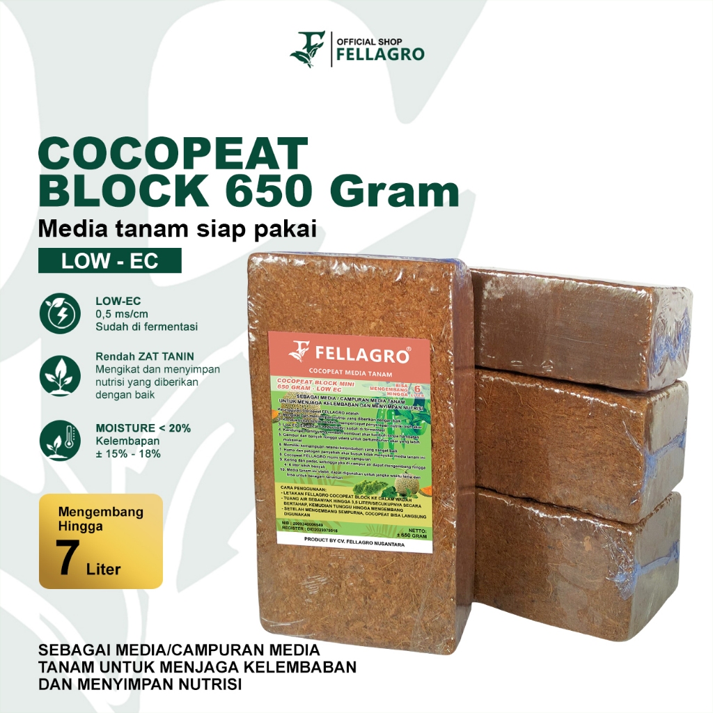 FELLAGRO COCOPEAT BLOCK 650GRAM MEDIA TANAM ORGANIK TANPA CAMPURAN