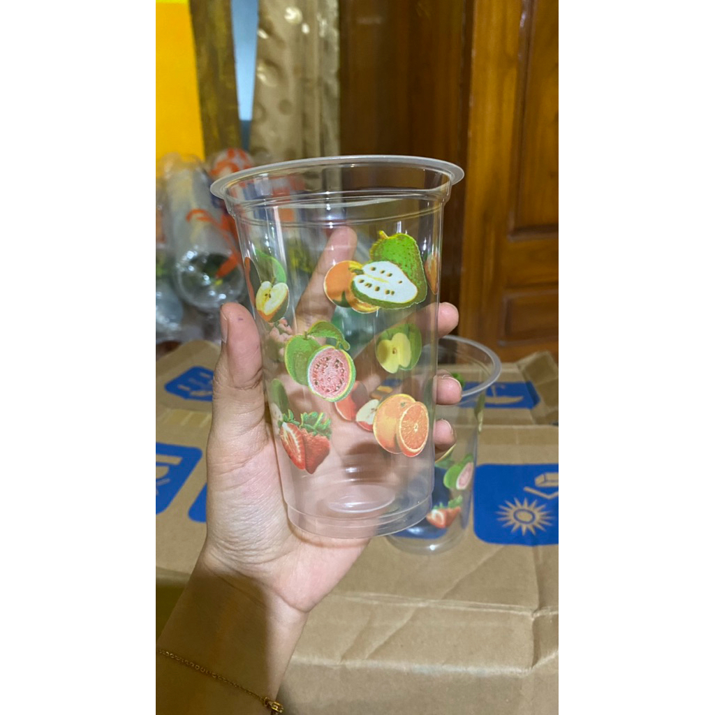 Gelas Cup Plastik Sablon Starindo Buah Fresh Fruits  / Gelas Buah Buahan/ Gelas Jus Buah