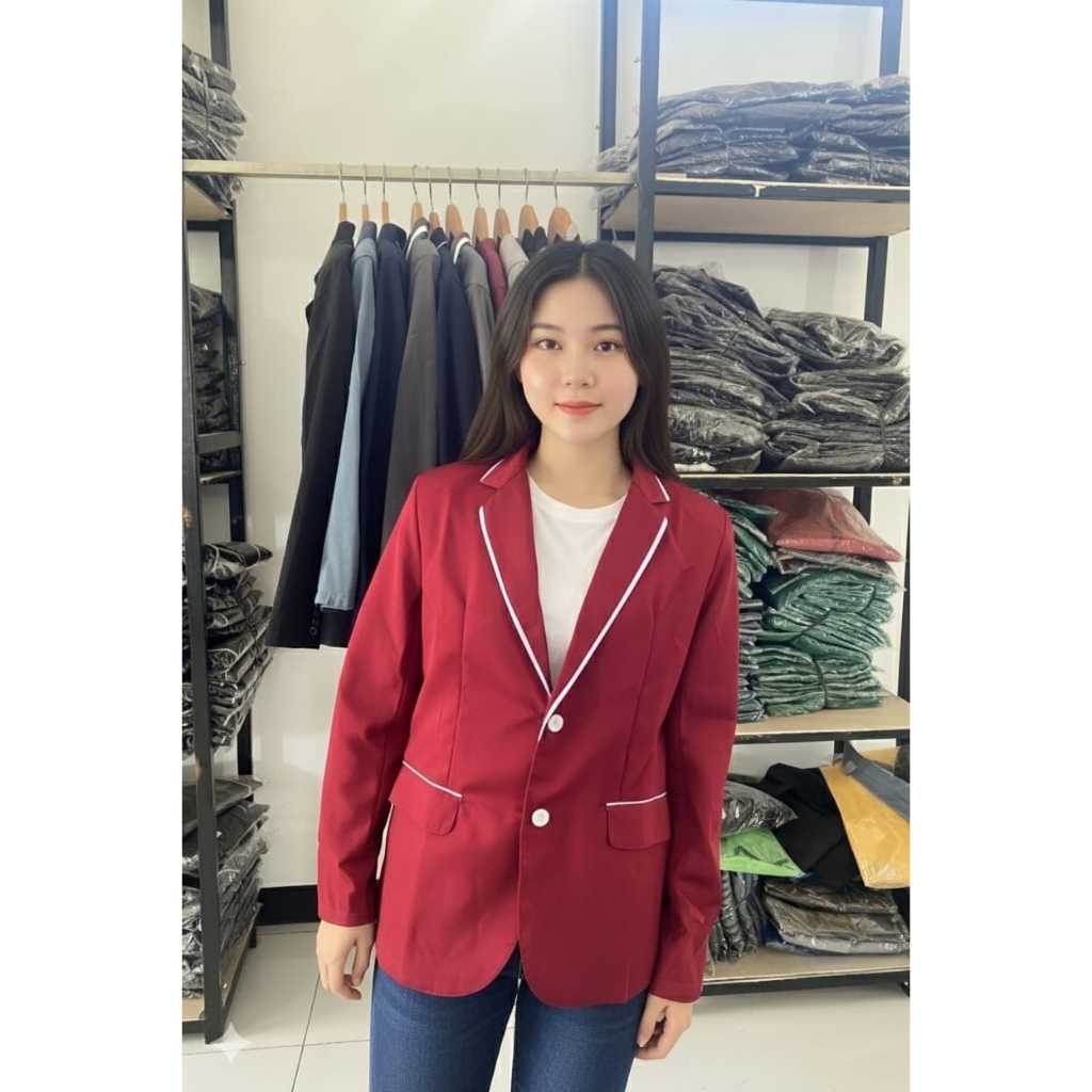 (BISA TAMBAH BORDIR) Jas almamater sekolah warna merah maroon lis putih/ blazer pondok pesantren