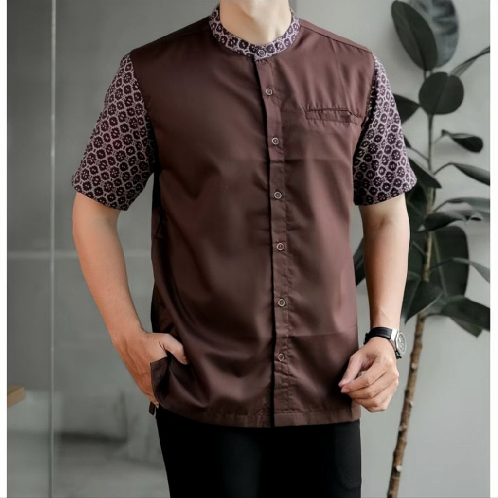 Baju Koko Muslim Kemko Laki-laki Lengan Pendek Motif Kombinasi Polos Batik Kerah Shanghai Kain Katun