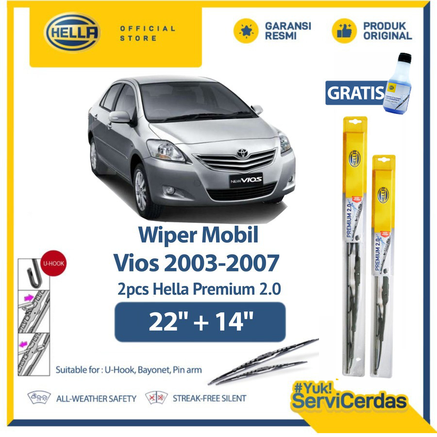 Wiper Mobil TOYOTA Vios 2003-2007 22” + 14” (2pcs) - HELLA Premium 2.0