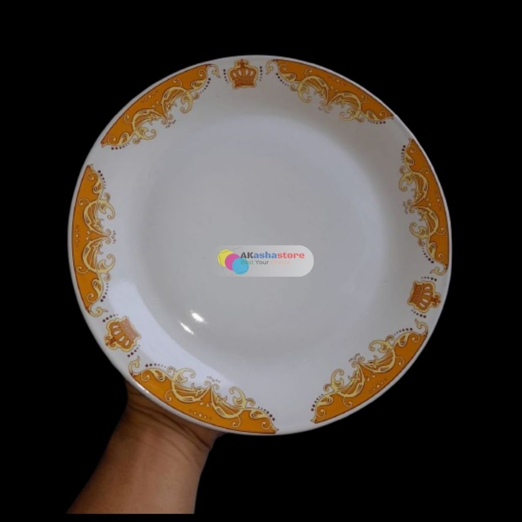 Pesona_Mimin Piring Makan Keramik 1/2 Lusinan 10 Inchi Ceper Motif Mahkota Packing Kayu