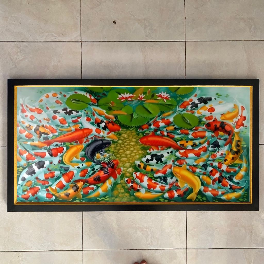 hiasan dinding lukisan cetak plus bingkai ukuran 100x50cm gambar ikan mas koi fengsui