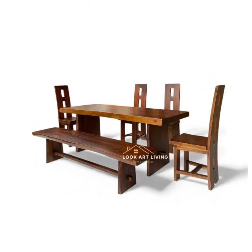 Lookartliving Set Meja Makan Kayu Trembesi 4 Kursi 1 Bangku Panjang / Set Meja Makan Kayu Trembesi