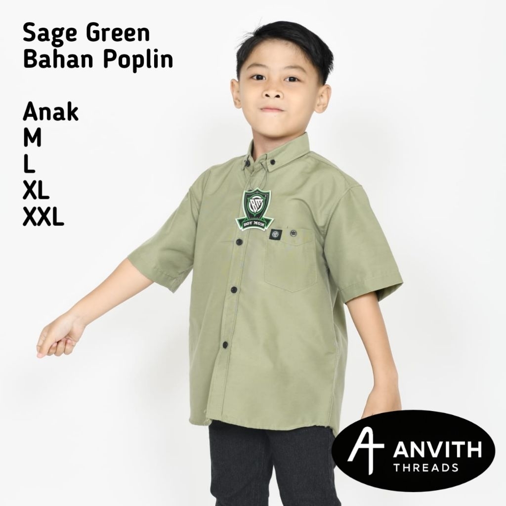 Kemeja Polos Anak Warna Sage Green Lengan Pendek Kemeja Polos Pria Warna Sage