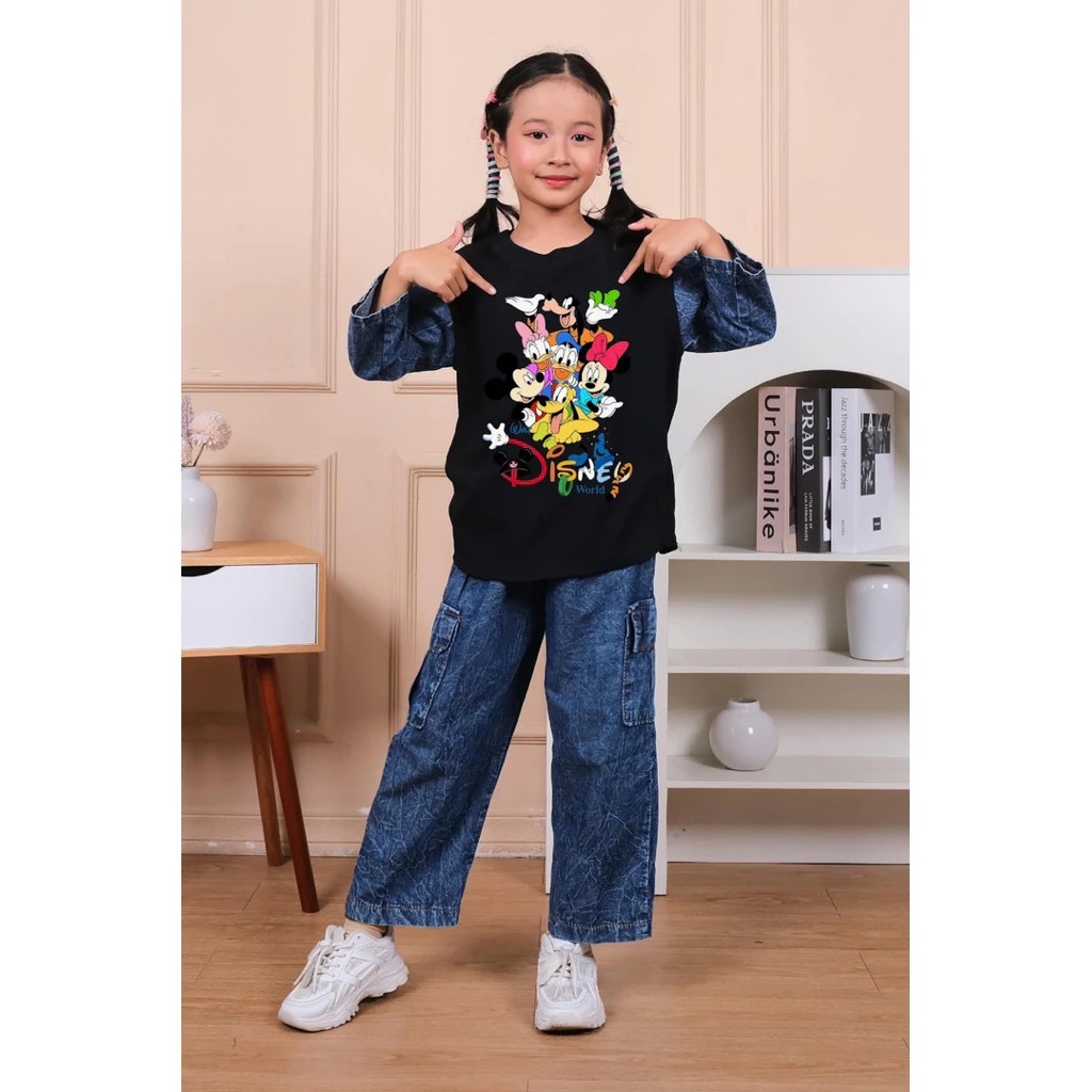 (Gratis Ongkir) Setelan Baju anak perempuan Baju Gambar Disney Celana Levis Cargo 3 tahun - 14 tahun