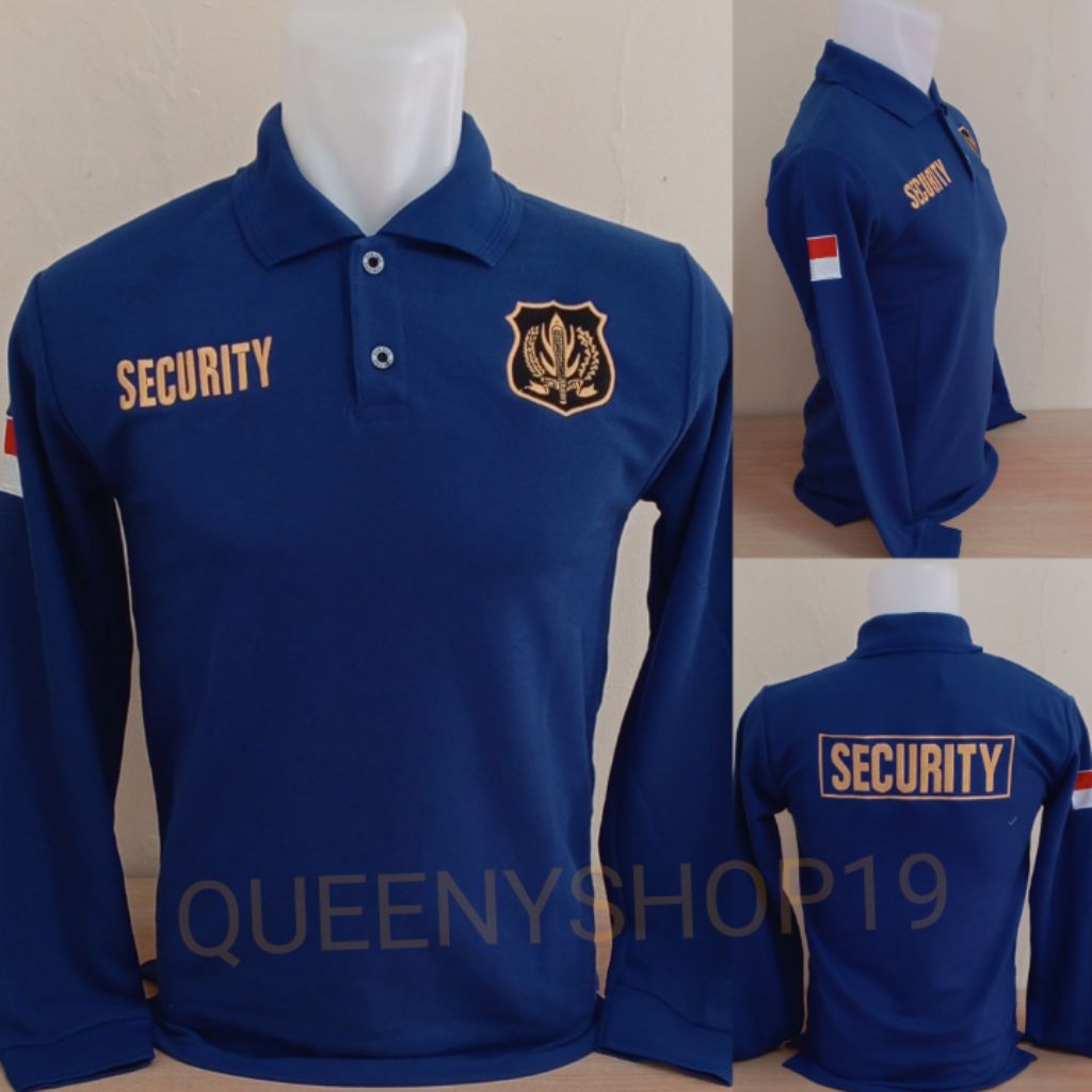 KAOS SECURITY BIRU LENGAN PANJANG LOGO KUNING FULL BORDIR - KAOS KERAH SECURITY BIRU LOGO KUNING BOR