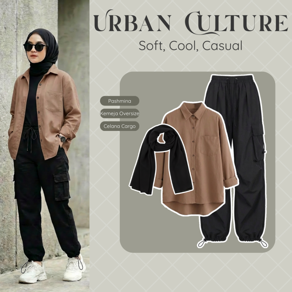 one set wanita remaja ( Kemeja Oversize, Celana Cargo, Pashmina ) outfit casual wanita, outfit kalce