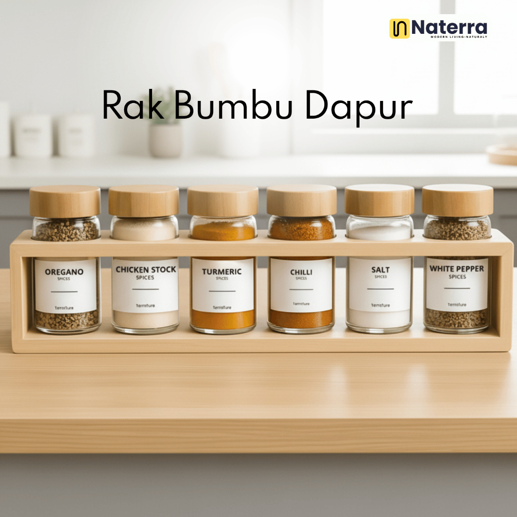 Rak Bumbu Dapur Estetik 6 Botol Kaca Spice Jar Rak Bumbu Kayu Storage Tempat Bumbu Dapur
