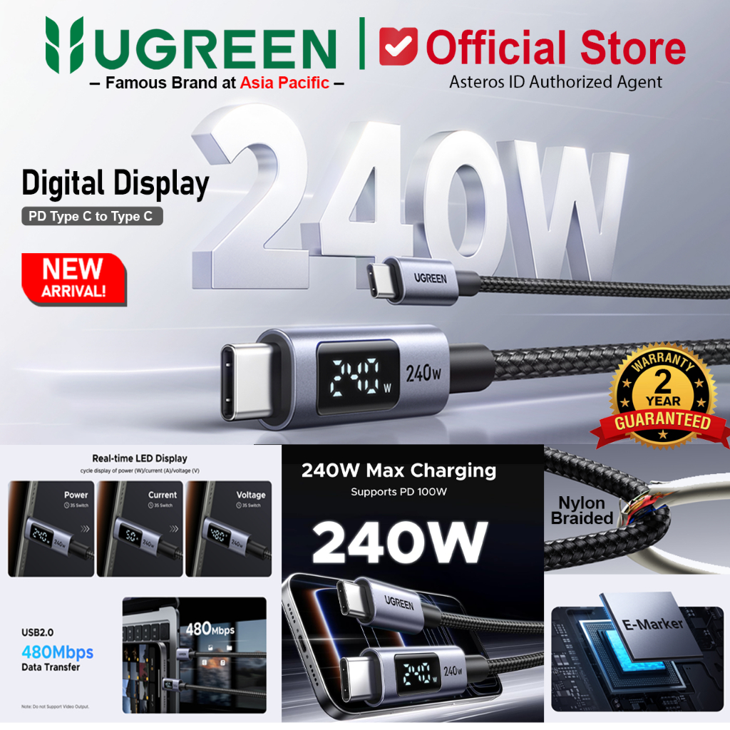 UGREEN Kabel Data PD Type C to Type C Digital Display Fast Charging 240W Max 5A Nylon Braided