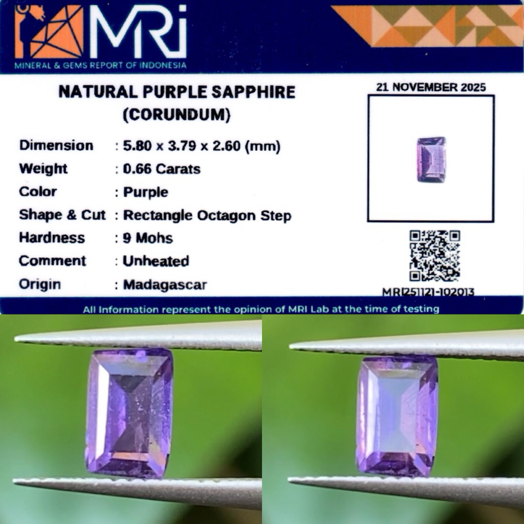 0,66 cts Natural No Heat Purple Sapphire origin Madagascar Memo MRI