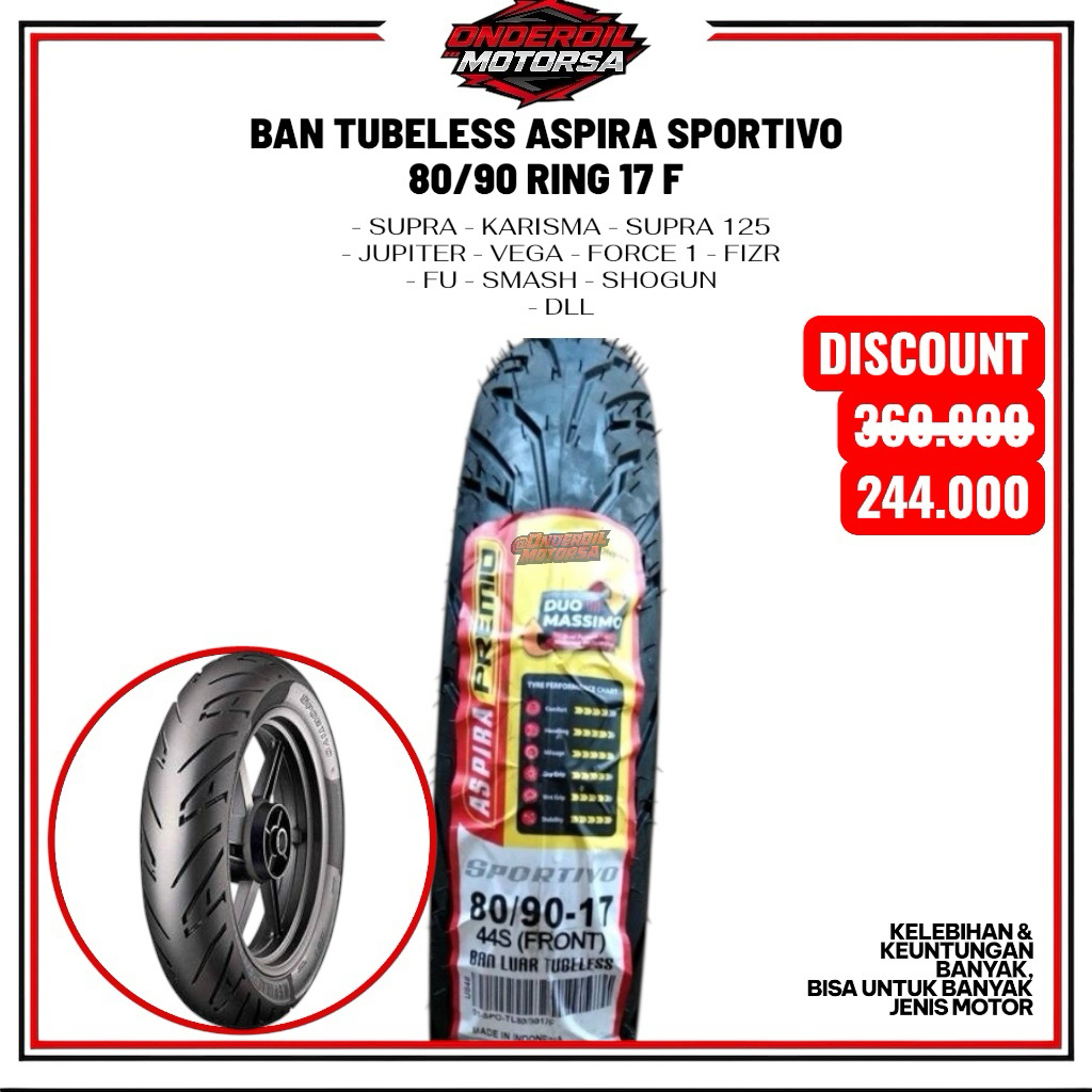 Aspira Premio Sportivo 80/90-17 RING 17 F Tubeless Ban MX KING SUPRA 125 VIXION SATRIA FU JUP F1 FIZ