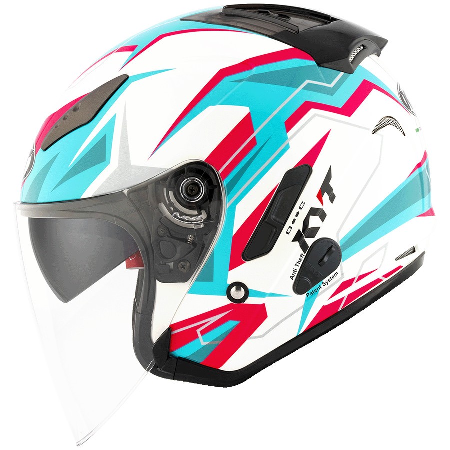 KYT Helm Half Face Galaxy Slide Flat R WAVES - Putih/Biru, Motif Grafis Trendy, Double Visor, Anti S