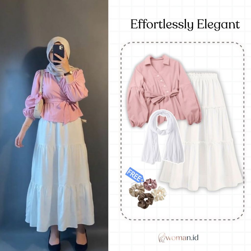 Ootd Wanita Kekinian Remaja Pinkan 3in1 Muslim Outfit Hijab Blouse Rok OOTD Nongki Outfit Korea Styl