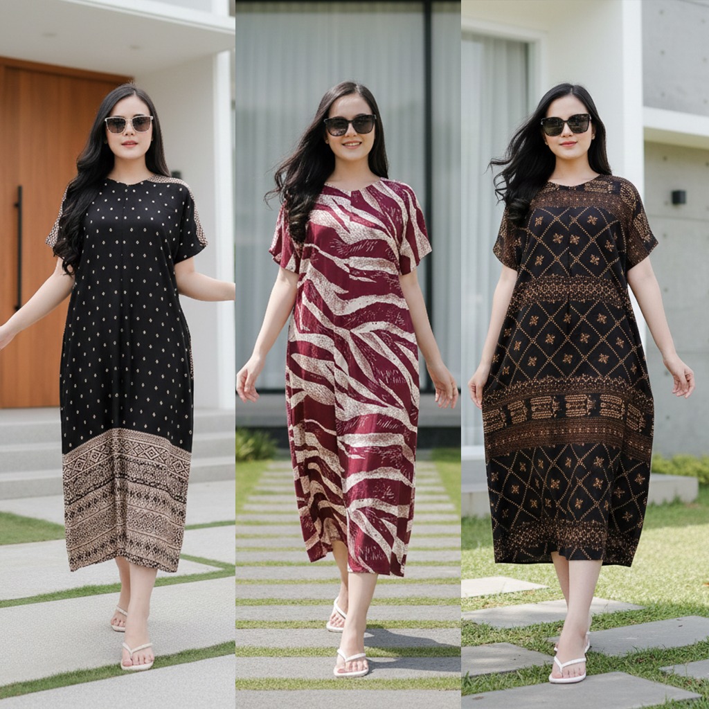 Daster Rayon Midi Batwing Kekinian Motif Premium Terbaru Saku Samping Busui - Aura