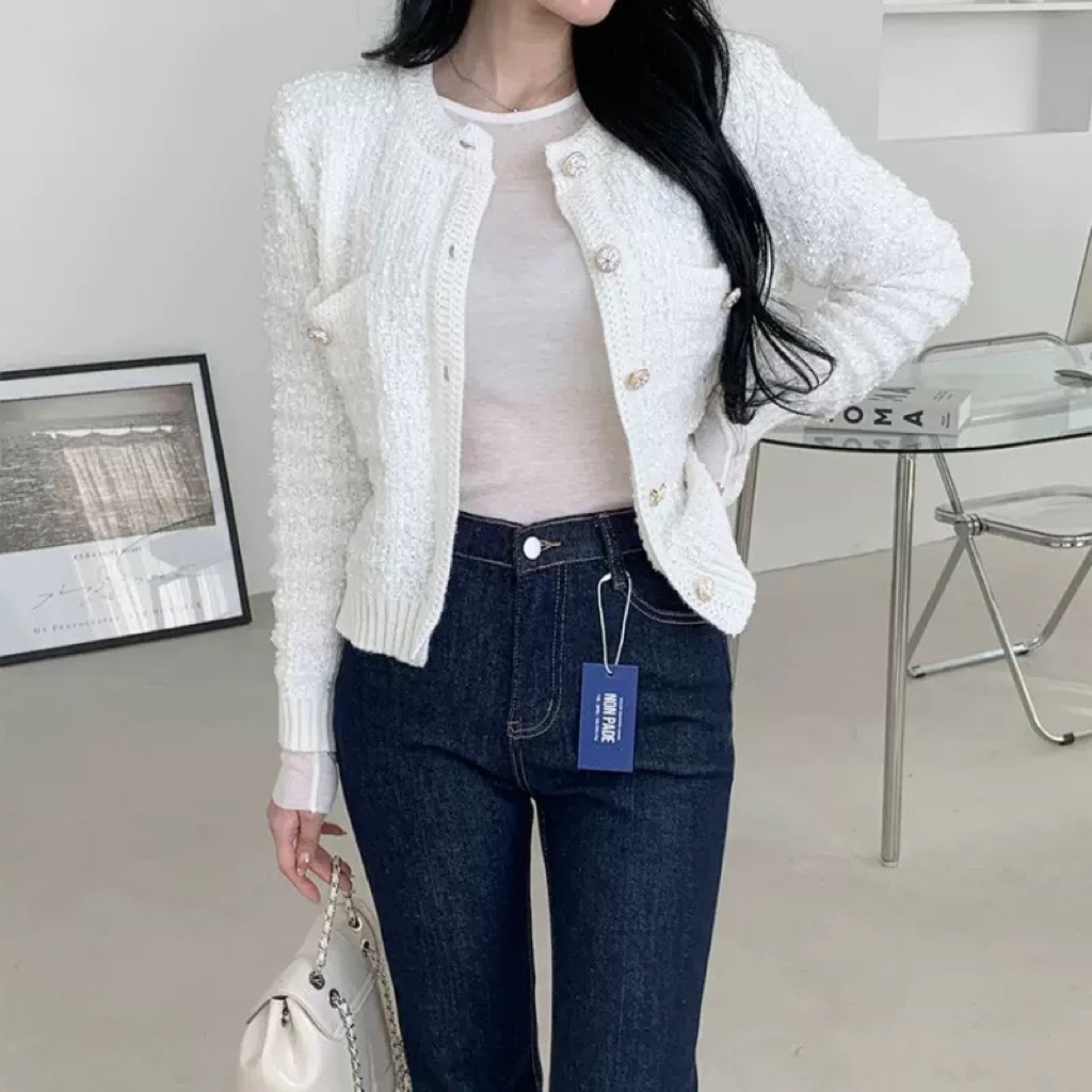 READY STOCK - Eloise Tweed Pearl Cardigan – Cardigan Tweed Putih Wanita Korea Elegan Premium
