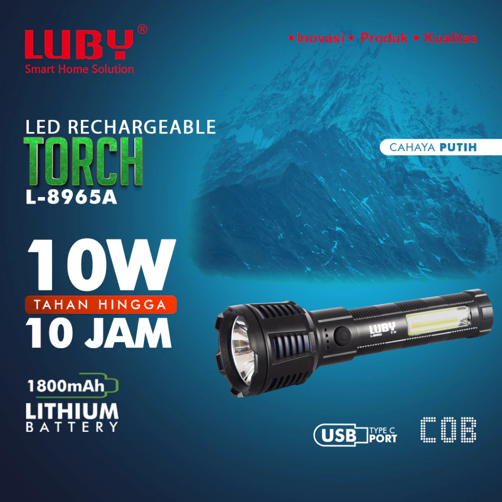 LUBY L-8965A Senter Tangan Led Rechargeable COB Cahaya Putih Senter Ori Luby 100%