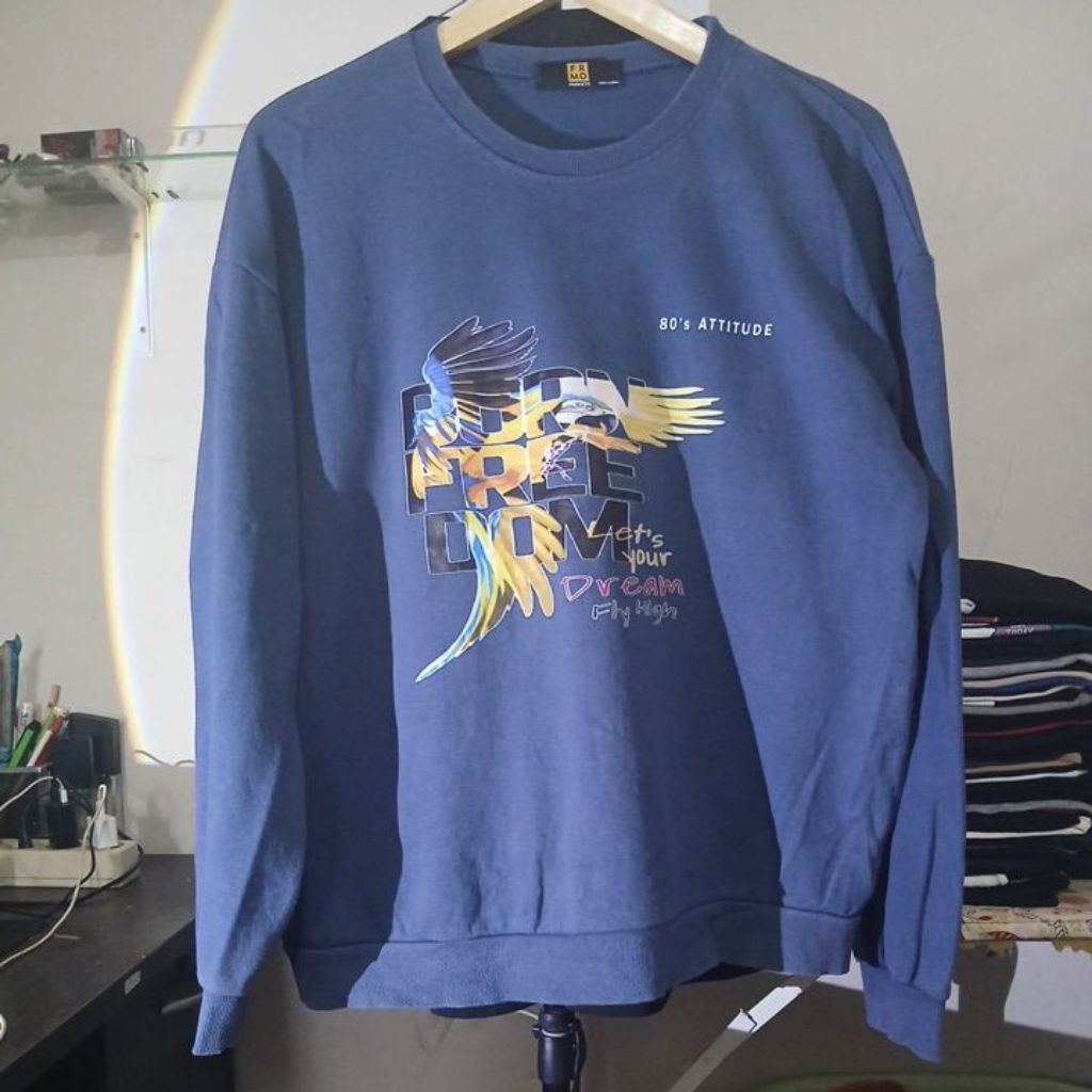 Kaos katun Crewneck Tebal warna biru tua kerah dan karet rip semua kencang FRMD second Original size
