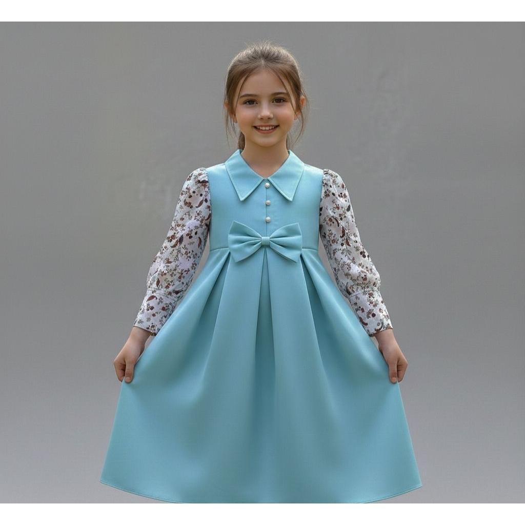 dres Anak Motif Bunga Lengan Panjang/Gamis Muslim Anak Perempuan sabna Dress Crinkle Airflow Gamis P