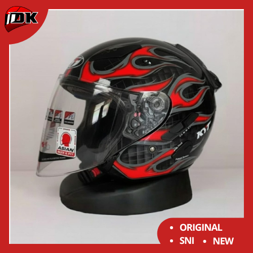 HELM HALF FACE KYT GALAXY FLAT R FLAME BLACK RED DOUBLE VISOR ORIGINAL HITAM MERAH API