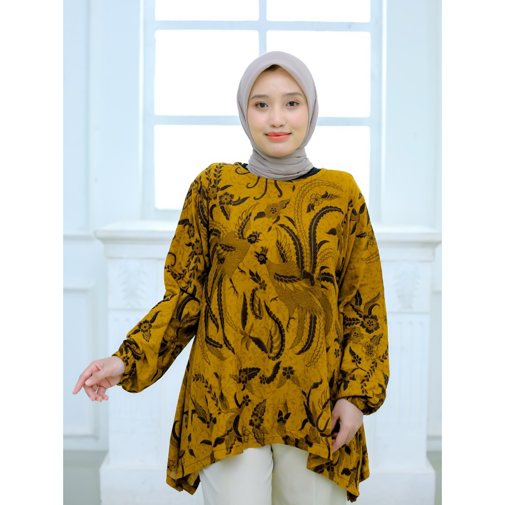 Blouse Batik Wanita Modern Motif Sogan Merak coklat – Atasan Muslimah Flowy Adem