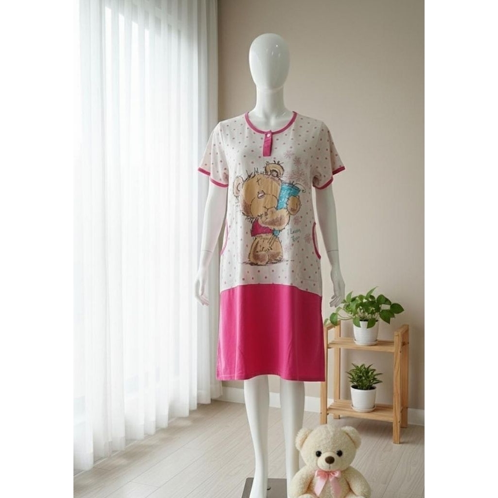 daster polkadot kombinasi warna fuchsia