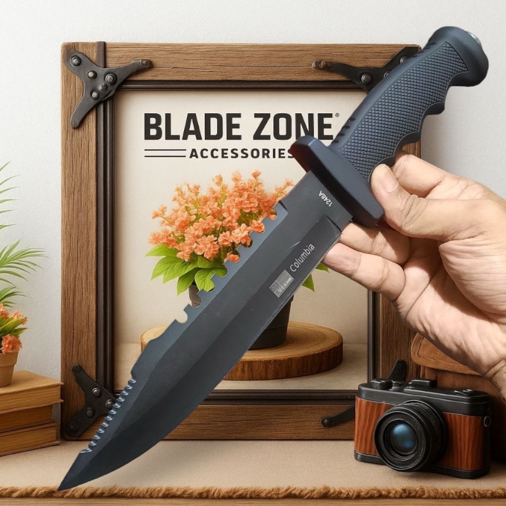 Pisau Survival Outdoor Columbia 1248A Hitam Solid Ergonomis Include Sarung