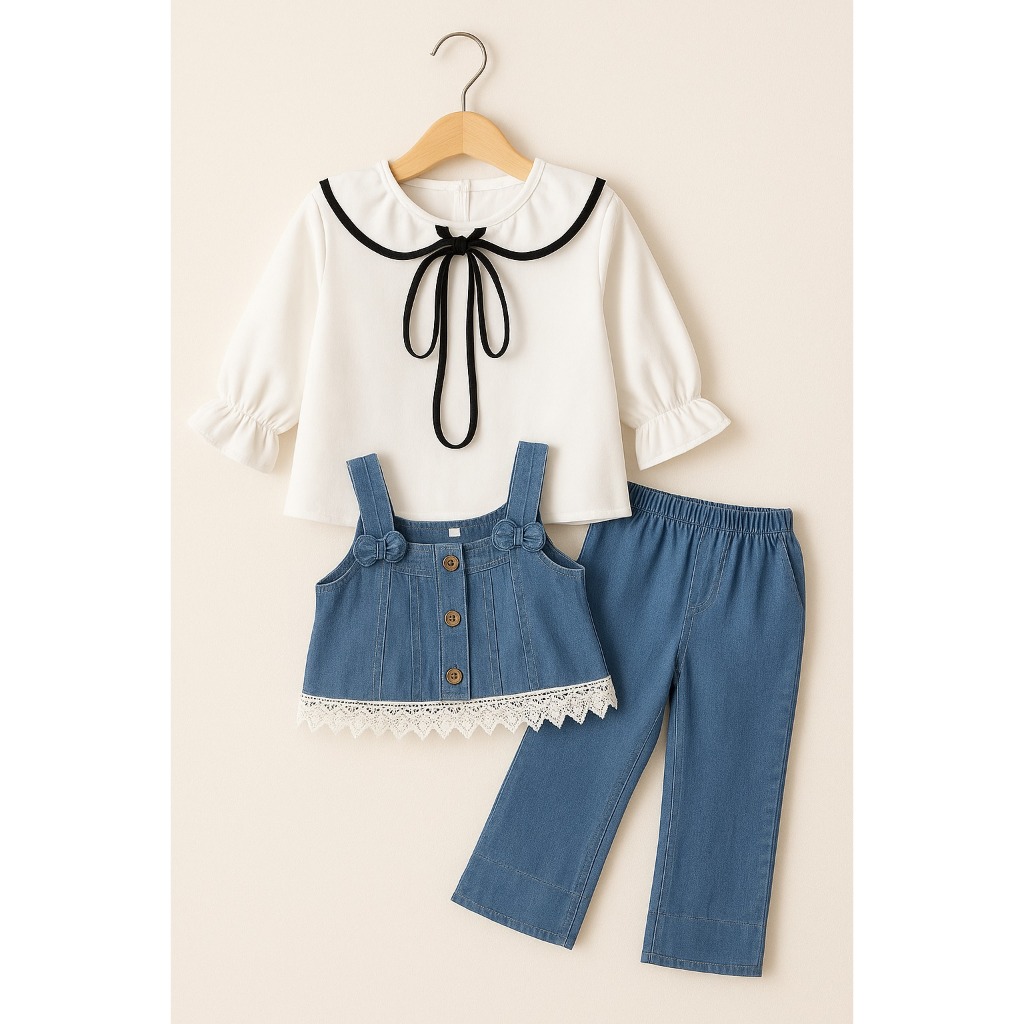 Setelan Baju anak Rompi Katun Micro Celana Levis 3 in 1 Anak Perempuan Usia 3 Sampai 12 Tahun