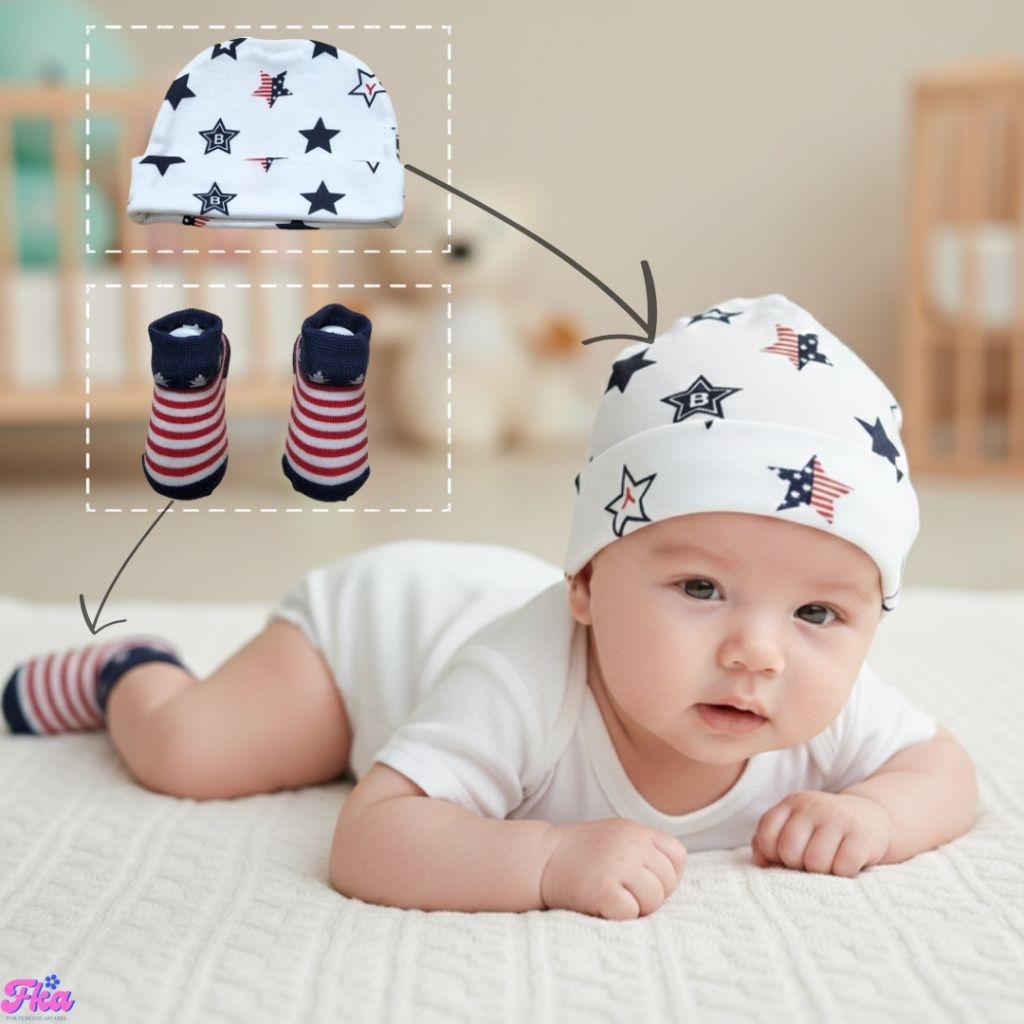 Set Topi Kaos Kaki Bayi 0-6 bln  Mingyang isi 2 SET | Newborn Baby Set hat and sock