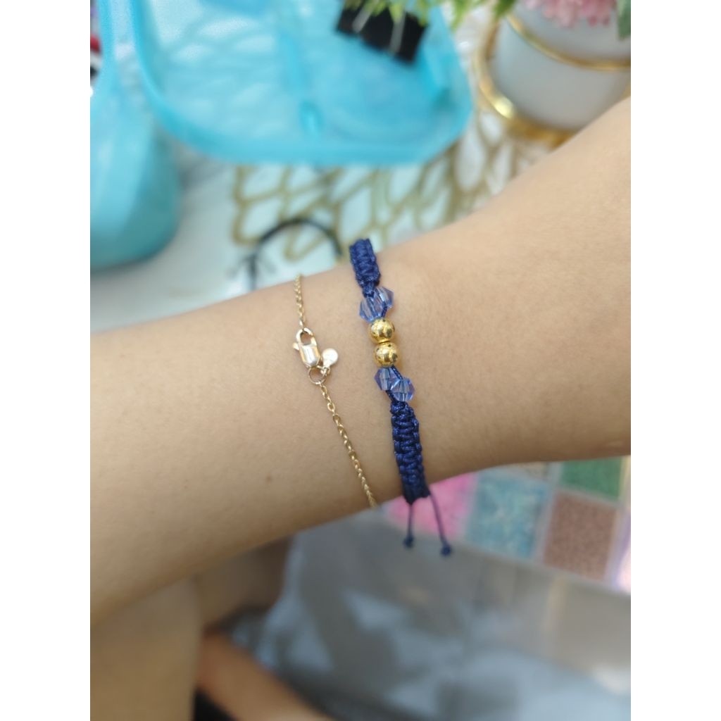 Gelang Tali Giok dengan Manik emas dan kristal