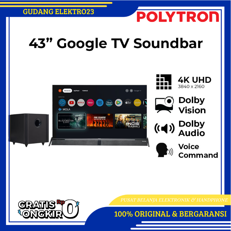 POLYTRON PLD 43BUG5058 4K UHD Smart Cinemax Soundbar Google TV 43 Inch Dolby Vision/Atmos, MEMC, Han