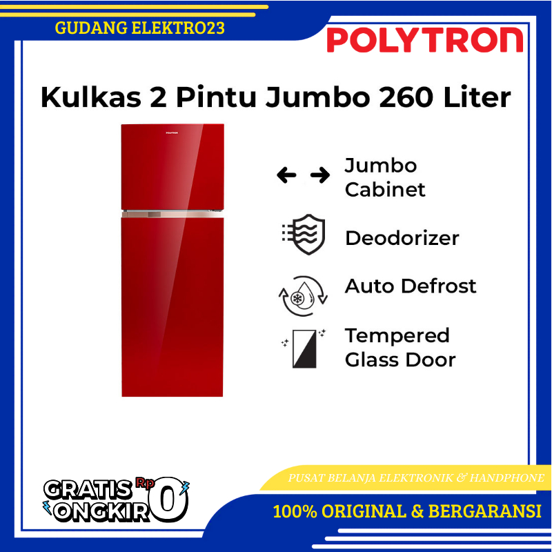 POLYTRON Kulkas 2 Pintu Kaca Belleza Jumbo 260 Liter PRW-29MN GARANSI RESMI