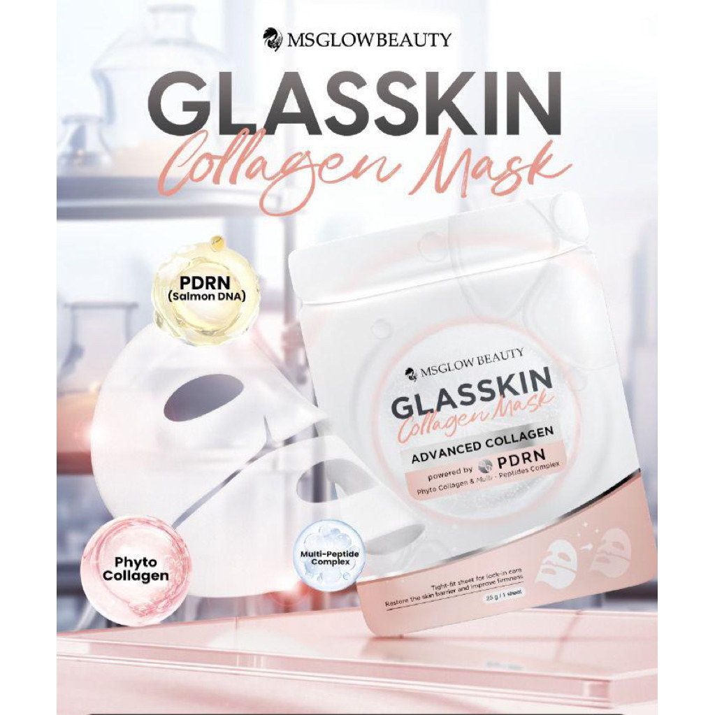 Ms Glow Glasskin Collagen Mask PDRN Mencerahkan & Melembabkan Kulit Wajah Dengan Phyto Collagen & Mu