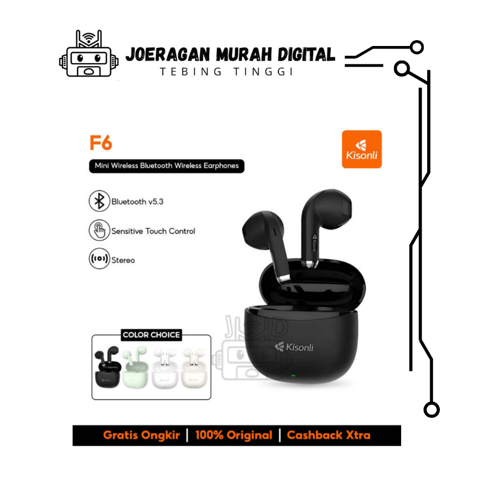 Kisonli F6 TWS Earphone Bluetooth Wireless HiFi Noise Reduction Hitam Putih