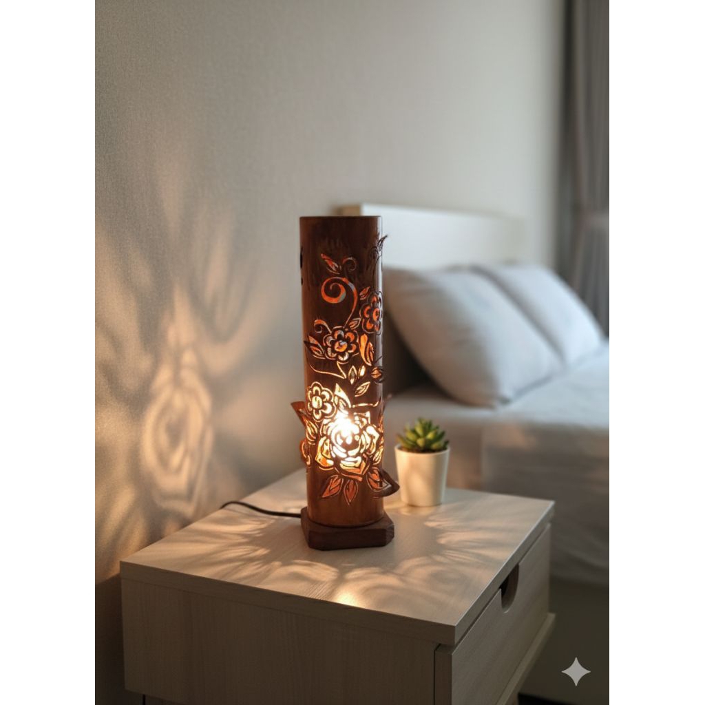 Lampu Tidur Paralon Ukir Motif Bunga 30cm – Lampu Hias Kamar Aesthetic Dekor Rumah