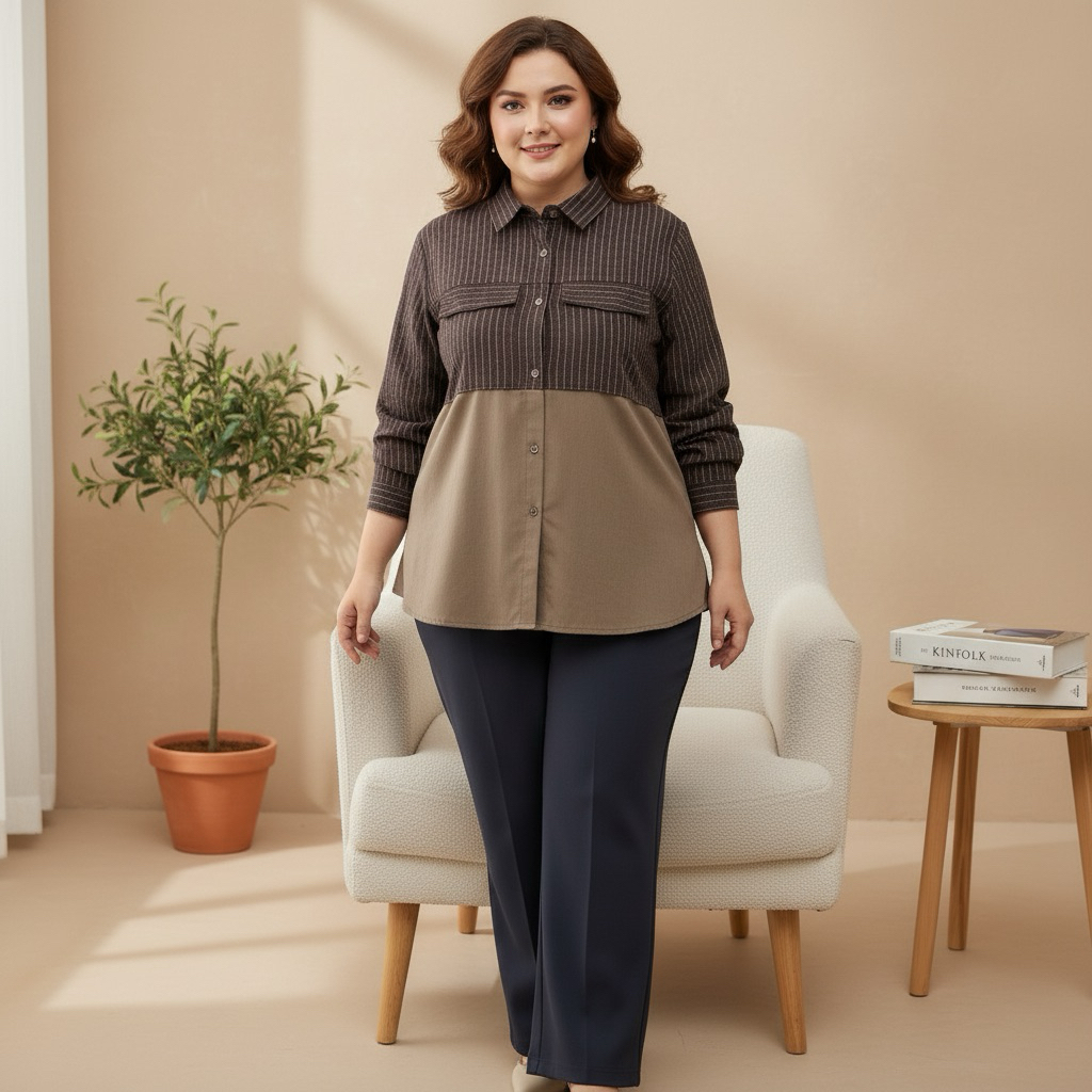 Luna Blouse Kombinasi - Kemeja Blouse Salur Mix Rayon Twill Premium - Atasan Wanita