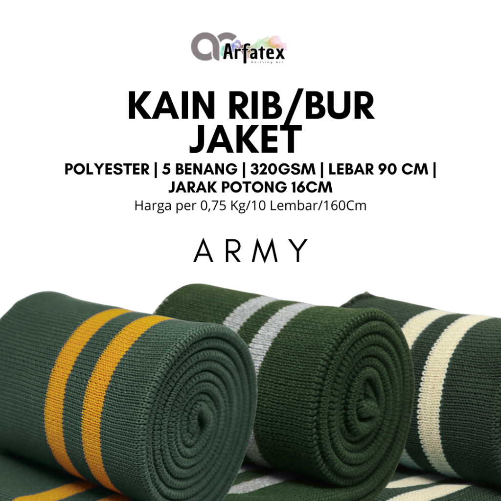 Kain rib bur untuk jaket warna army polyester premium polos strip dan rajut babat aksesoris fashion