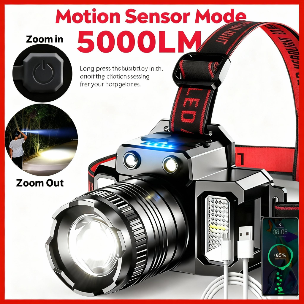 5000 Lumen Super Terang Senter Kepala Untuk Memancing lampu depan luar yang kuat senter berkemah