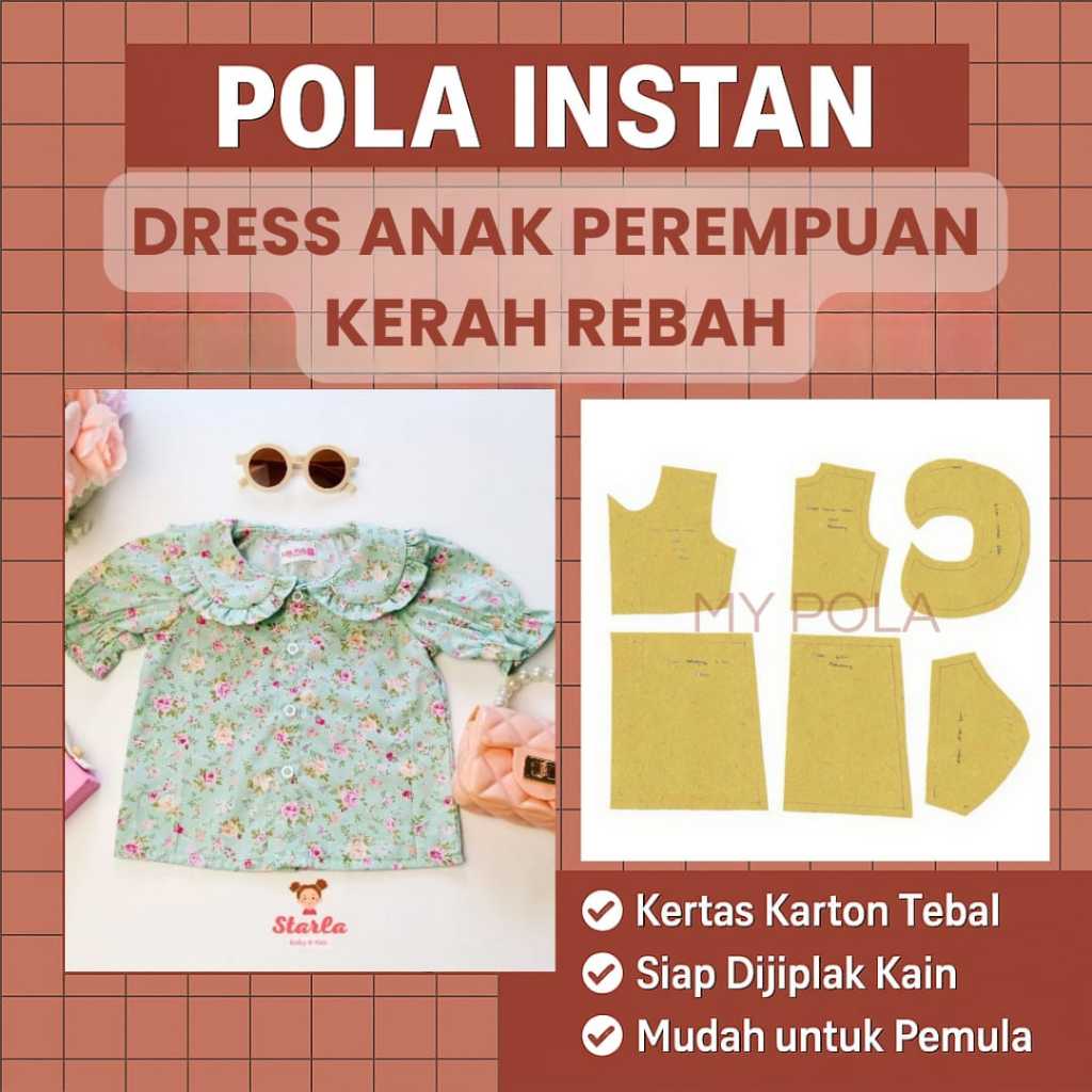 [ COD ] Pola Dress Anak Perempuan Kerah Rebah | Pola Baju Anak Perempuan | Pola Instan Dress | Pola 
