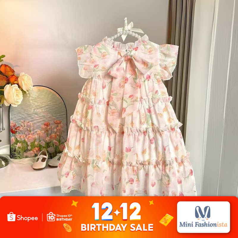 dress anak perempuan import Baju Princess Anak Perempuan Chiffon Bow Floral Dress Pesta Bayi Daster 