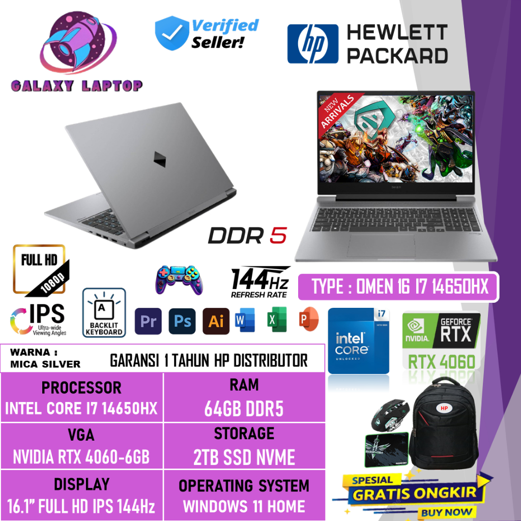 Laptop Gaming HP Omen 16 Intel Core i7 14650HX 64GB DDR5 2TB SSD RTX4060-8GB 16.1 Inch Full HD IPS 1