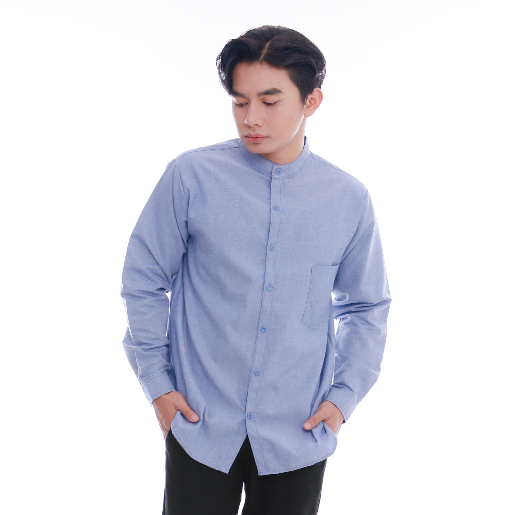 Kemeja Pria Cowok Laki Lengan Panjang Jumbo Koko Oxford Premium Biru Katun Lengan Panjang Berkancing