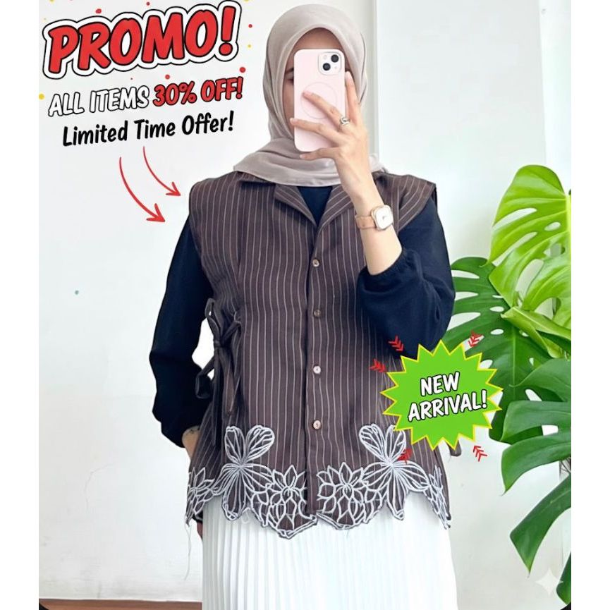 MARIPOSA Vest Wanita Semiwol Stripe x Bordir Tali Pinggang Outer Remaja Rompi